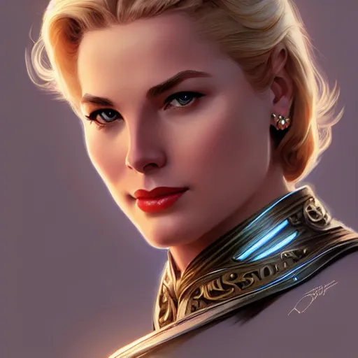 Image similar to Blonde Grace Kelly as Super Girl, western, D&D, fantasy, intricate, elegant, highly detailed, digital painting, artstation, concept art, matte, sharp focus, illustration, art by Artgerm and Greg Rutkowski and Alphonse Mucha