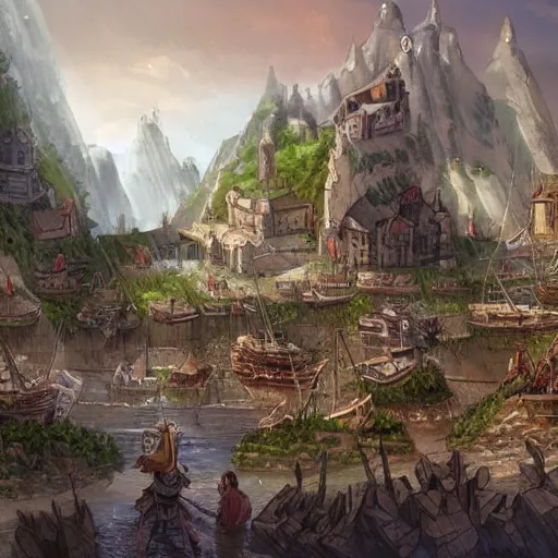 Image similar to sargard, a fantasy harbour city full of slaves and peasants, epic fantasy concept art illustration