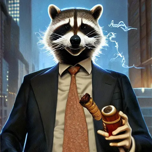 Image similar to a racoon wearing a suit smoking a cigar, dramatic lighting, cinematic, establishing shot, extremly high detail, photorealistic, cinematic lighting, artstation, style by James Gurney