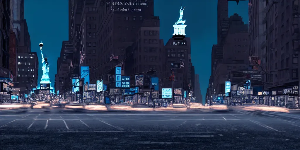 Image similar to an open frame blue tuk tuk going through a desolate manhattan city street at night, statue of liberty seen in the background, realistic 4 k octane beautifully detailed render, 4 k post - processing, highly detailed, detailed face, intricate complexity, epic composition, magical atmosphere, cinematic lighting, masterpiece, color picture, ultra hd