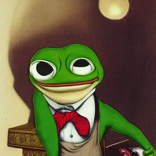 Image similar to pepe the frog in suit and tie, uncropped, painting by Joseph Christian Leyendecker