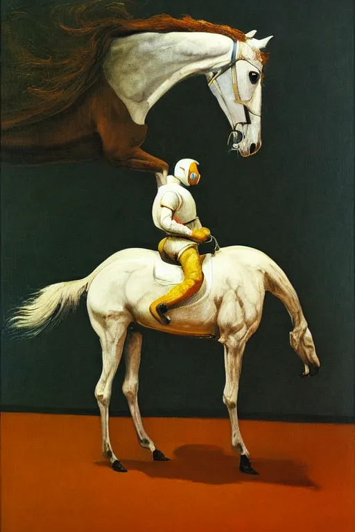 Image similar to a horse stands on the back of a horse c with head astronaut, hauntingly surreal, highly detailed painting by francis bacon, edward hopper, adrian ghenie, gerhard richter, and james jean soft light 4 k,