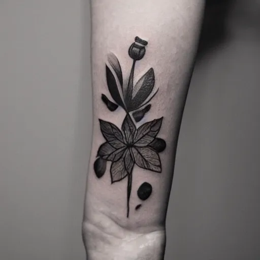 Prompt: delicate black and white flower, insect and leaf tattoo covering a female arm