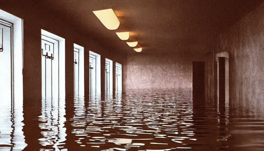 Image similar to 7 0 s movie still of an empty soviet stalinist style hallway flooded in water, eastmancolor, heavy grain, high quality, high detail