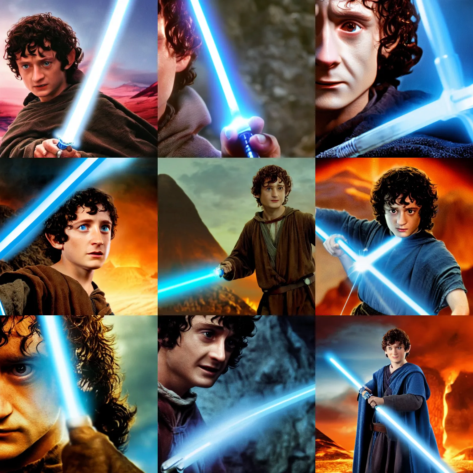 Prompt: A close up shot of Frodo Baggins with a blue lightsaber on Mount Doom, extreme detail, 4k movie still