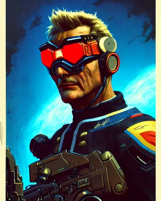 Image similar to soldier 7 6 from overwatch, character portrait, portrait, close up, concept art, intricate details, highly detailed, vintage sci - fi poster, retro future, in the style of chris foss, rodger dean, moebius, michael whelan, and gustave dore