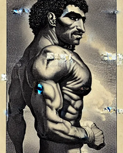 Prompt: 19th century wood-engraving of a clean shaven muscular Egyptian man named Muhammad Avdol, whole page illustration from Jules Verne book titled Stardust Crusaders, art by Édouard Riou Jules Férat and Henri de Montaut, frontal portrait, high quality, beautiful, highly detailed, removed watermarks