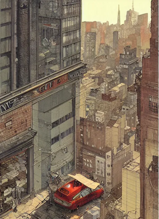 Prompt: illustration of a 2 0 8 0 city scene by shaun tan, clean, emptyness, torn paper decollage, graphic novel, oil on canvas by edward hopper, ( by mattias adolfsson ), by moebius