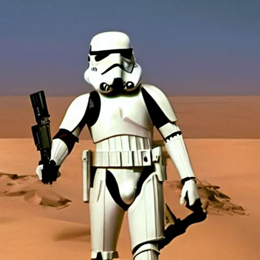 Prompt: flik ( a bug's life ), stormtrooper ( star wars ) hybrid, holding a blaster, in a still of star wars episode iv a new hope ( 1 9 7 7 ), by george lucas, tatooine dune sea background