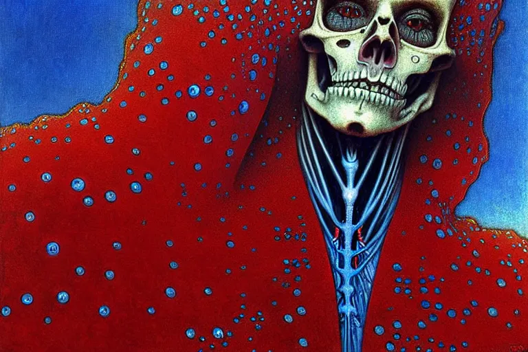 Image similar to realistic detailed closeup portrait painting of a single skeleton wearing red velvet blazer in a crowded futuristic moscow street by Jean Delville, Amano, Yves Tanguy, Alphonse Mucha, Ernst Haeckel, Edward Robert Hughes, Roger Dean, rich moody colours, blue eyes