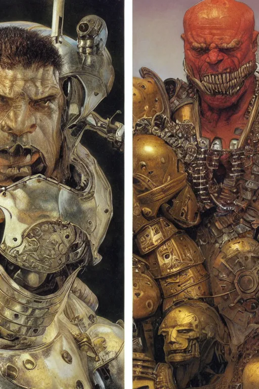 Image similar to upper body and head portrait of hulking armoured warrior kingpin by lawrence alma tadema and zdzislaw beksinski and norman rockwell and jack kirby and tom lovell and greg staples