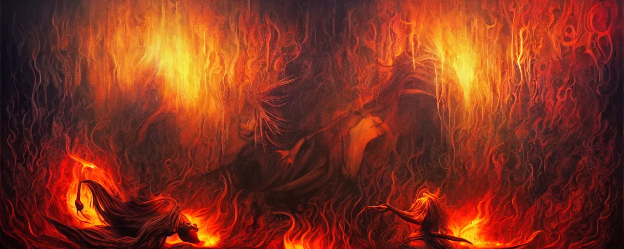 Prompt: wild emotion and thought creatures repressed in the depths unconscious of the psyche lead by baba yaga, about to rip through and escape in a extraordinary revolution, dramatic fire glow lighting, surreal painting by ronny khalil