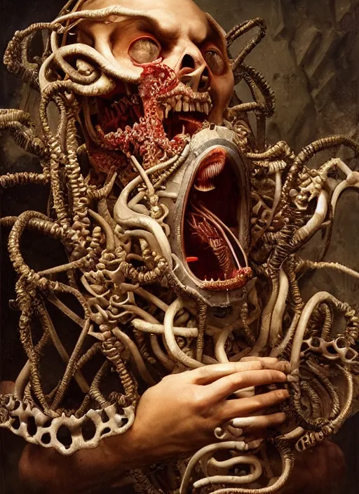 Image similar to portrait of king arthur knight medusa cyborg feeding from a mouth tube, kintsugi, modern fine art, fractal, intricate, elegant, highly detailed, digital photography, subsurface scattering, by jheronimus bosch and carravagio and greg rutkowski,