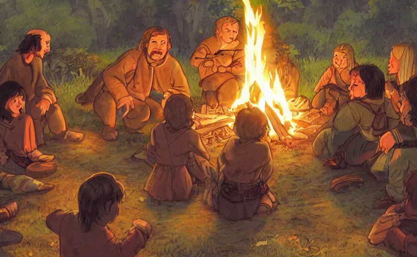 Image similar to childrens book illustration of the fellowship of the ring making s'mores around a campfire