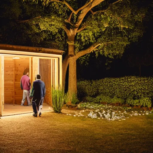 Image similar to A photo of two men in a garden at night walking towards a small wooden garden shed