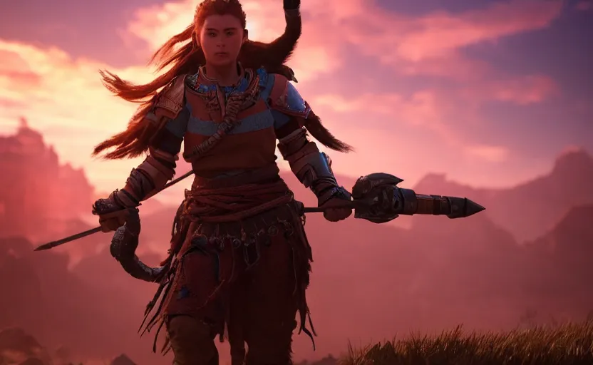 Image similar to unreal engine 5 render of aloy!, beautiful woman, space marine!, standing atop rise, sunset lighting, war silhouette in background hyper realism, realistic shading, cinematic composition, blender render, octane render, hdr, detailed textures, photorealistic, ultrawide shot, 1 6 mm lens