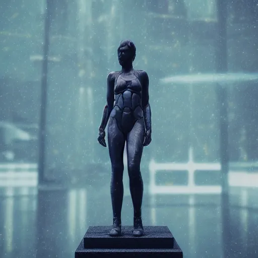 Image similar to cyberpunk statue, rain, space, galaxy, octane render, hyperrealism