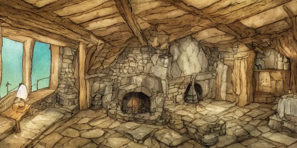 Image similar to medieval cottage interior, studio ghibli