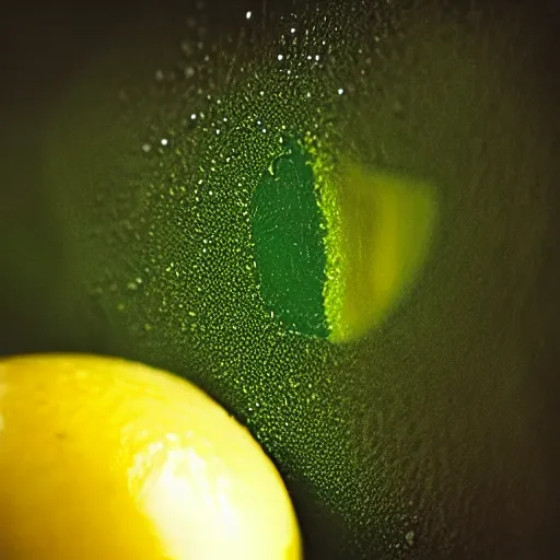Image similar to close - up shot of a lemon covered in green goo, macro lens, depth of field, bokeh