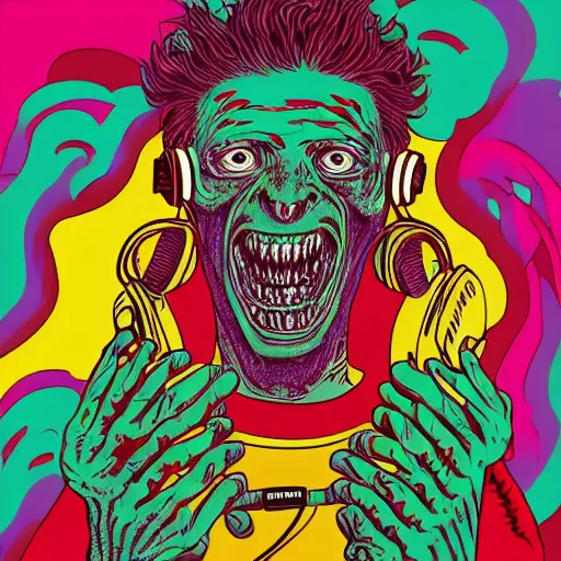 Image similar to artgerm, psychedelic laughing cronenberg friendly looking horror creature, rocking out, headphones dj rave, digital artwork, r. crumb, svg vector