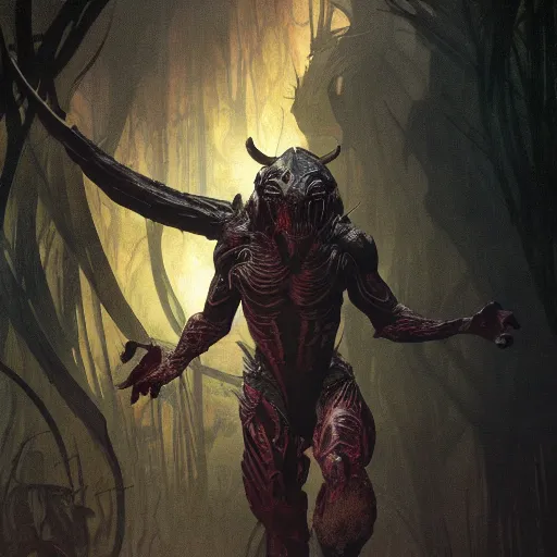 Image similar to ultra detailed vector image of predator yautja, concept art by alphonse mucha and greg rutkowski, scary shadows, blood moon eclipse, polaroid octane render, laminal space