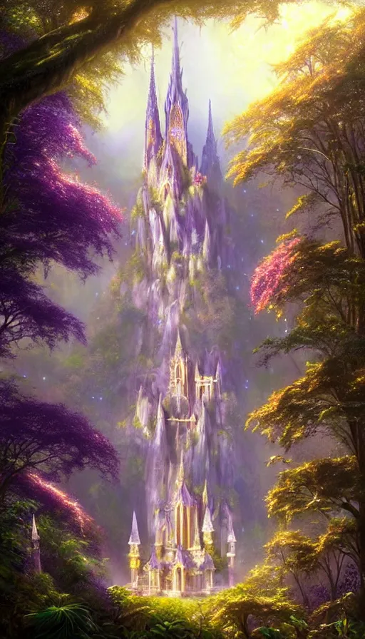 Image similar to fairy palace, castle towers, sunbeams, gothic cathedral, Japanese shrine waterfall, gold and gems, purple trees, lush vegetation, forest landscape, painted by tom bagshaw, raphael lacoste, eddie mendoza, alex ross concept art matte painting