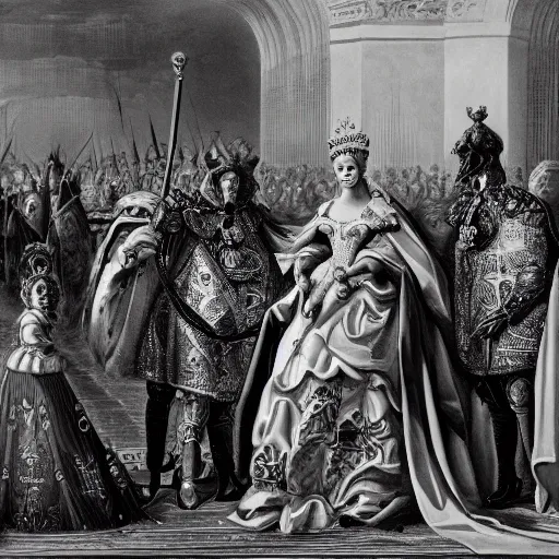 Image similar to Black and White photo of a Royal Procession, the Queen holding hands with the Devil, 4k, highly detailed, 1852