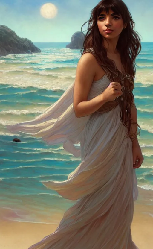 Image similar to a beautiful hannah simone wearing a sundress on the beach, d & d, fantasy, intricate, elegant, highly detailed, digital painting, artstation, concept art, matte, sharp focus, illustration, art by artgerm and greg rutkowski and alphonse mucha