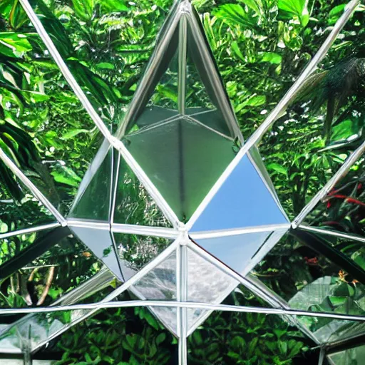 Prompt: high quality dslr photograph of a highly reflective chrome octahedron in a tropical greenhouse. alien structure, masterpiece, stunning, amazing, super resolution. atmospheric, Extremely detailed