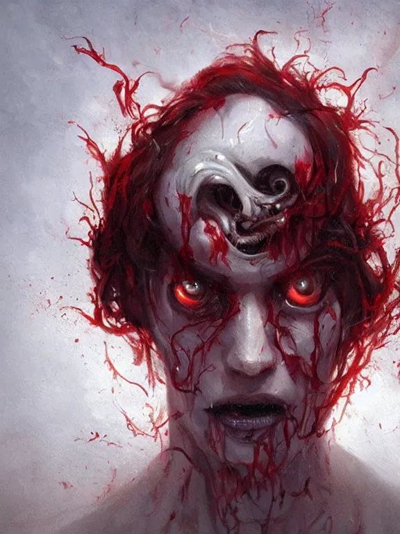 Image similar to painting by greg rutkowski of a flying sorrowful looking human head with tears running down it's eyes, face that is chalk white in color, with long sprawling white tentacles stemming down it's neck, fiery scorching red eyes, flying in a terrying hellish dark cavernous place