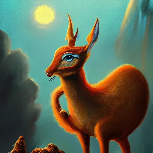 Image similar to a dik dik monster in a shed colorful, digital art, fantasy, magic, trending on artstation, ultra detailed, professional illustration by Basil Gogos