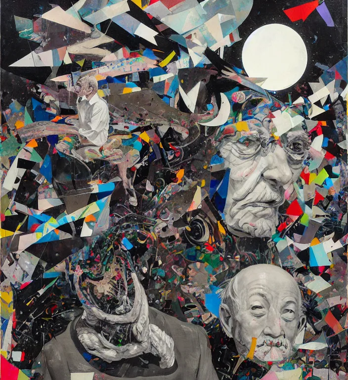 Image similar to decollage painting old white - headed man under the huge moon on a street of ruined city by adrian ghenie and takato yamamoto and edward hopper and mark ryden and tsutomu nihei, part by bridget riley, acrylic pour and splashing paint, very coherent, baroque elements, perfect anatomy, intricate design. pop art.