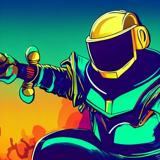 Image similar to shovel knight as daft punk, Aaron Campbell behance, synthwave background,4k, colorful, digital art