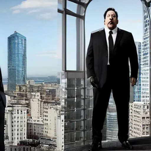 Prompt: Clean-shaven Jon Favreau as Happy Hogan wearing a black suit and black necktie and black dress shoes is climbing up a tall building in an urban city.