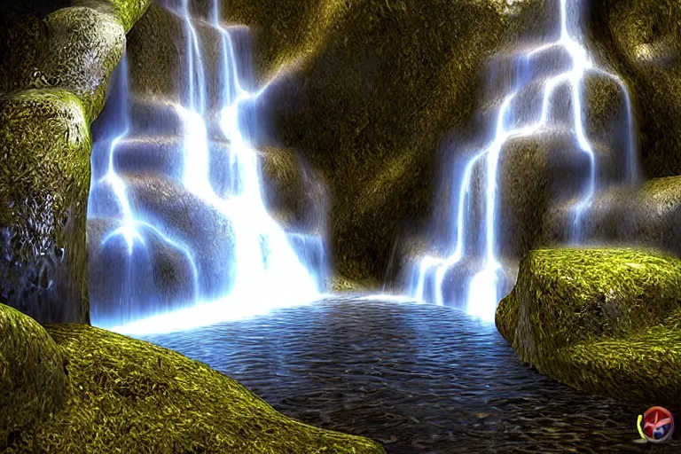 Prompt: a fantasy enchanted waterfall. cinematic lighting. photorealism.