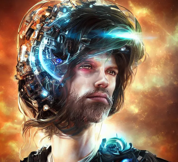 Prompt: realistic, handsome man dark hair, love, joy, complex cybernetic beings, glowing hair, vortexes, large array, ornate hair, 3 d model, fish eye, round form, cinematic light shadows, wet hdr refractions, insanely detailed rendering, artstation, 8 k, * * * * *