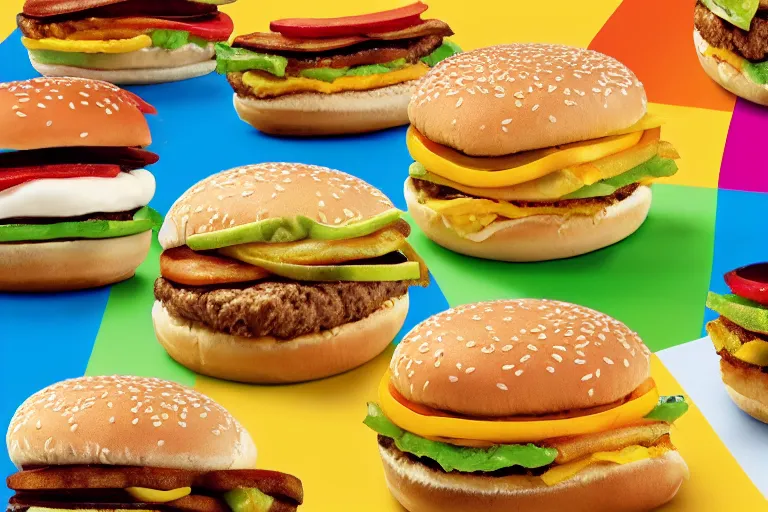 Prompt: mcdonalds rainbow hamburgers, commercial photograph taken on table