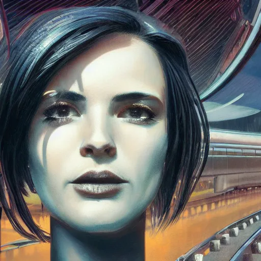 Image similar to detailed face of a woman, clockwork, moment, tectonic sky, skydome, bullet train, turbines, utopian, tech noir, wet reflections, prism, atmospheric, ambient, pj crook, syd mead, livia prima, artgerm, greg rutkowski, nick alm, casey baugh