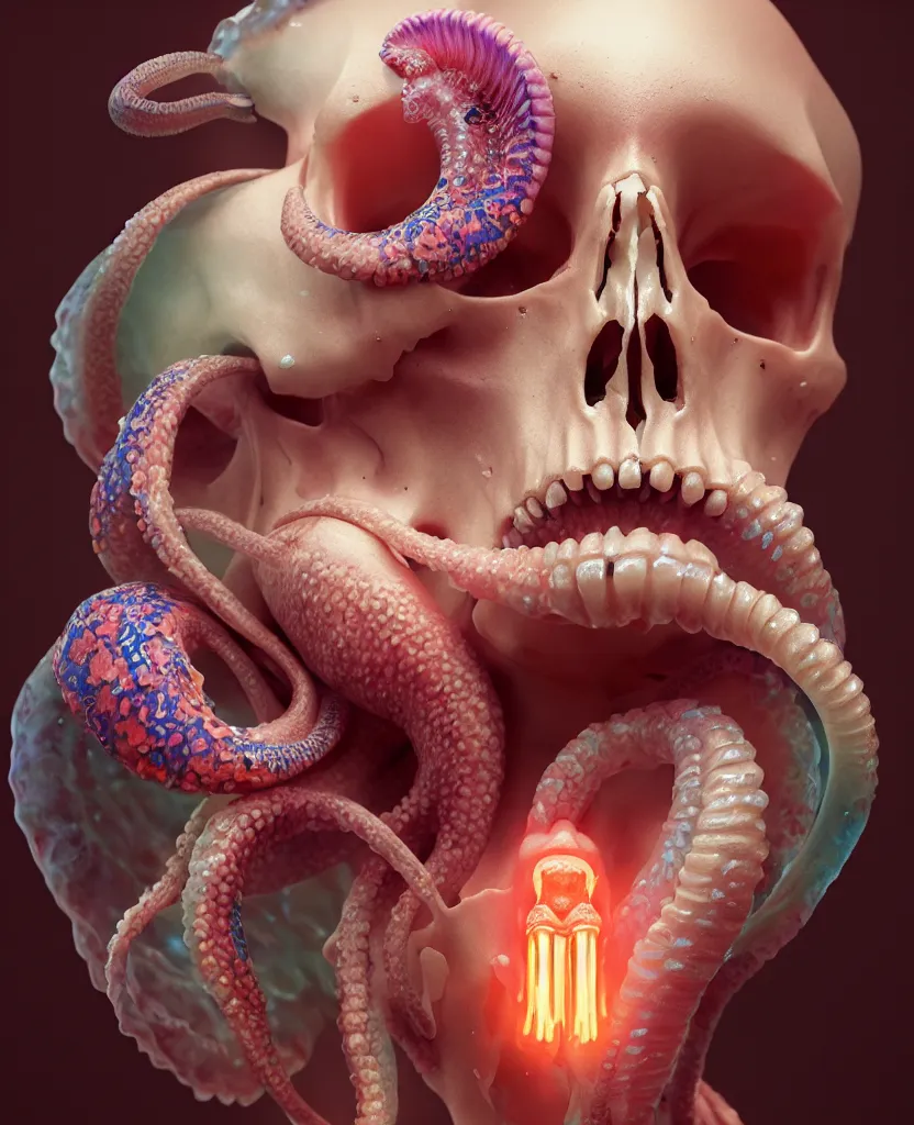 Image similar to goddess close - up portrait human skull, ram skull, squid phoenix jellyfish, orchid, betta fish, bioluminiscent, intricate artwork by tooth wu and wlop and beeple. octane render, trending on artstation, greg rutkowski very coherent symmetrical artwork. cinematic, hyper realism, high detail, octane render, 8 k