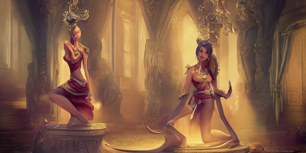 Prompt: beautiful genie girl, kneeling in the palace room, beautiful elegant body, accurate body proportions, accurate facial details, epic fantasy, mysterious ambient lighting, digital art, fantasy vibes, style of final fantasy and kingdom hearts