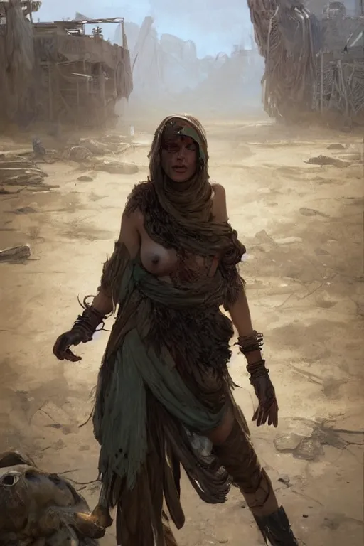 Image similar to a full body portrait of a beautiful post apocalyptic offworld treatment district bedouin blind pulp fiction scarlet wild rogue barbarian leper begging by the roadside, intricate, elegant, highly detailed, digital painting, artstation, concept art, smooth, sharp focus, illustration, art by krenz cushart and artem demura and alphonse mucha