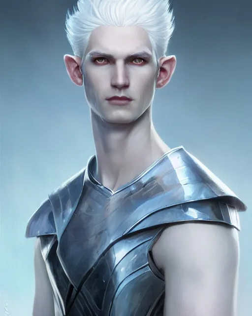 Image similar to character portrait of a ( slender young half elven man with ( white hair ) ( piercing blue eyes ) and ( pale blue skin ) ), wearing sleek pearlescent black armor, by greg rutkowski and mark brookes and jim burns and tom bagshaw and magali villeneuve, trending on artstation