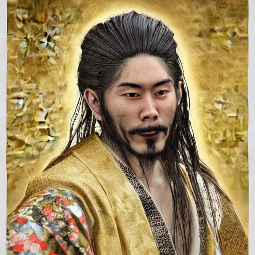 Prompt: a highly detailed radiosity 3d render of a man's face with long hair in kimono, an airbrush painting by David Alfaro Siqueiros, featured on pixiv, metaphysical painting, airbrush art, grotesque, wiccan, unreal engine 5, unreal engine, cryengine