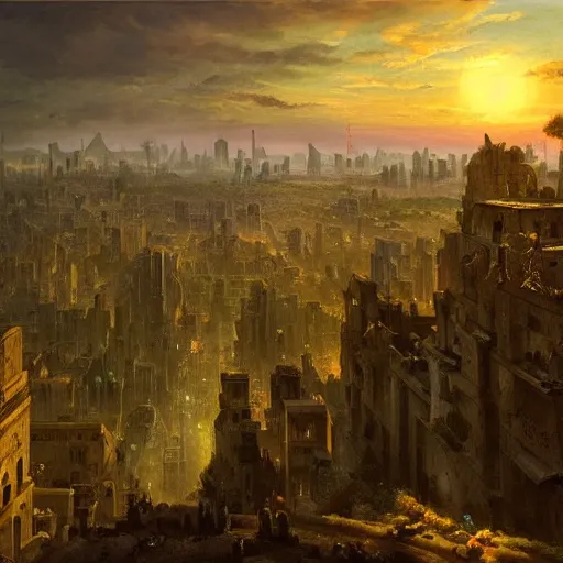 Image similar to vista of a city at sunset, the city is a sprawling renaissance city that is built amidst brutalist cyclopean tombs and overgrown by the rainforest, rpg, hubert robert, cityscape, vista, dying earth, gene wolfe