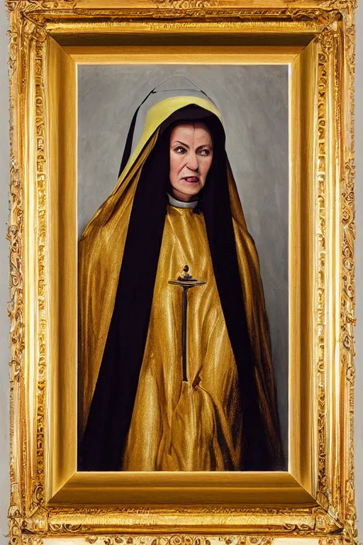 Prompt: portrait, beautiful vampire nun, tight opulent gold embroidered habit, studio lighting, art jacek malczewski
