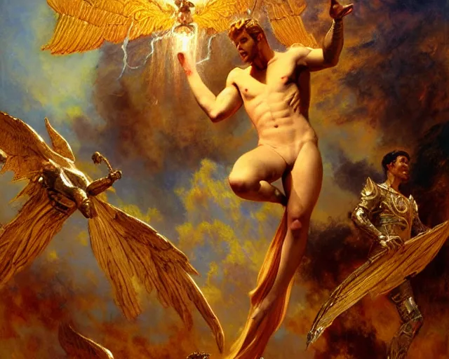 Image similar to gallant male deity, casting angelic magic, summoning regal lucifer morning star, as they negotiate over the earthly realm, highly detailed painting by gaston bussiere, craig mullins, j. c. leyendecker, tom of finland
