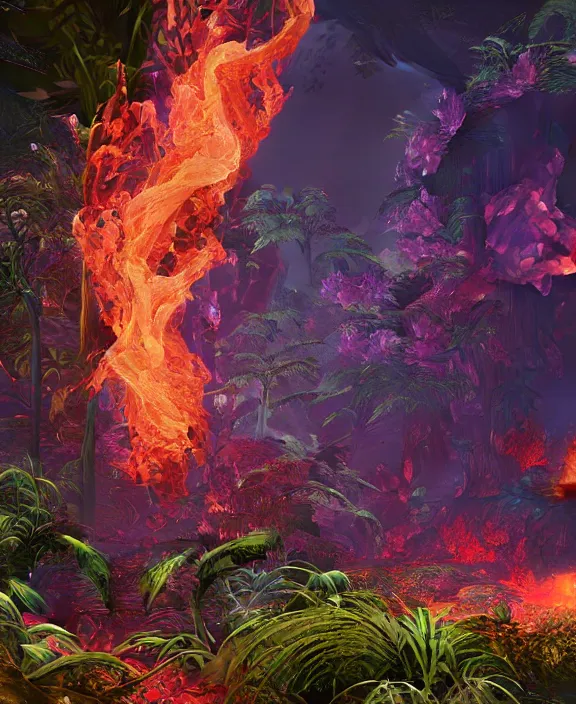 Prompt: intricate transparent clear see - through image of fire, lush botany, robotic environment, colorful psychedelic, ultra realistic, concept art, art nouveau, photorealistic, octane render, 8 k, unreal engine. art by nori inoguchi and sam kaplan and zachary goulko and christopher marley