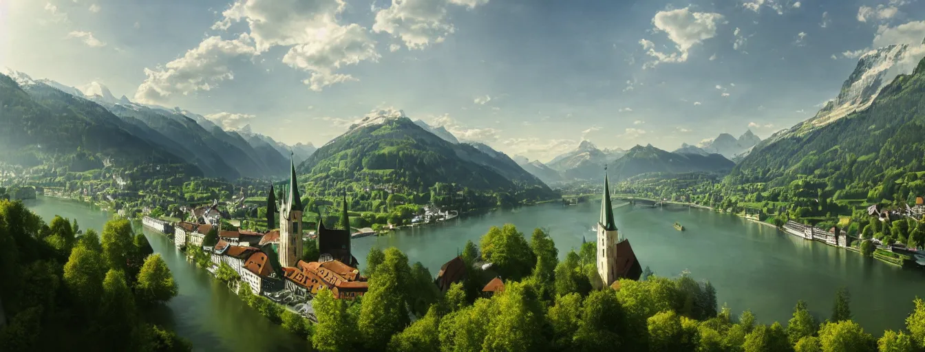 Prompt: Photo of Zurich, looking down the river at the lake and the alps, Hardturm, Grossmünster, wide angle, trees, volumetric light, hyperdetailed, green water, artstation, cgsociety, 8k