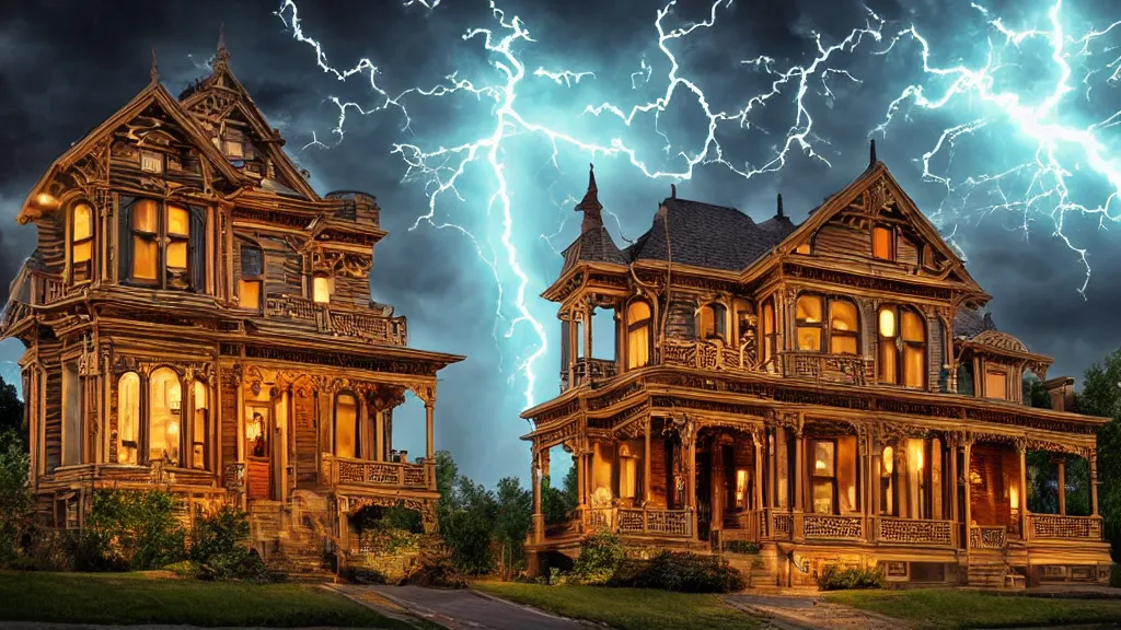 Prompt: richly decorated Victorian house, modern, beautiful, detailed wood, photorealistic, photorealism, ball lightning, lightning, clouds, smoke, storm, diffuse light, vivid cybernetics