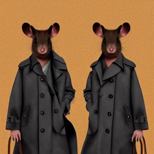 Prompt: photorealistic art of three rats standing on each others shoulders wearing a trench coat disguised as a person